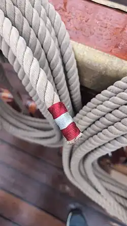 A series of common whipping knots used to make the flag of Peru on the BAP Unión