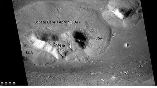 Wide view of mesa with surrounding lobate debris apron, as seen by CTX. Part of this picture is enlarged in the following HiRISE image. Location is the Ismenius Lacus quadrangle.