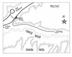 A black and white picture of the Wijiji Trail along Chaco Wash