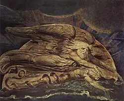Elohim Creating Adam; by William Blake; 1795; color print finished in ink and watercolour on paper; 43.1 × 53.6&nbsp;cm; Tate Britain (London)[205]