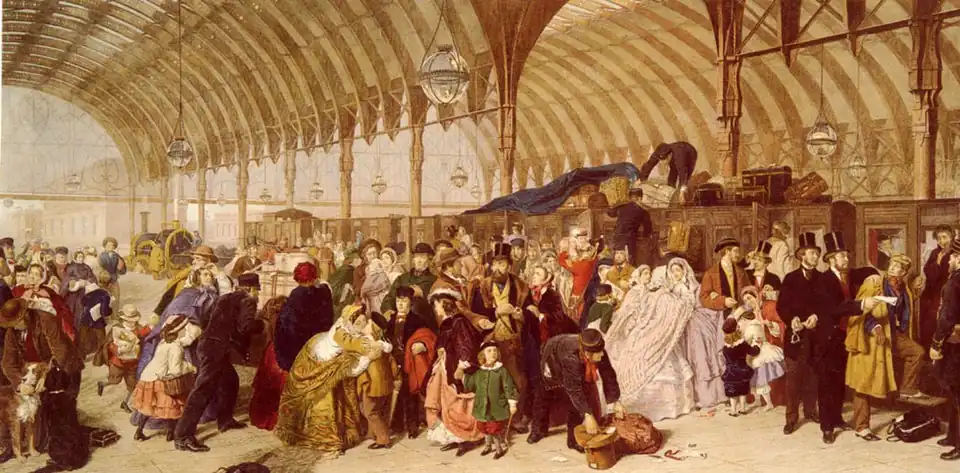 The Railway Station, 1862. Depiction of Paddington railway station.