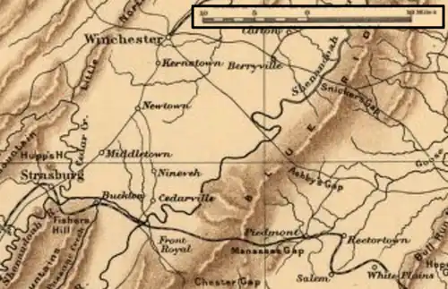map of Shenandoah Valley region where Civil War battles occurred in 1864
