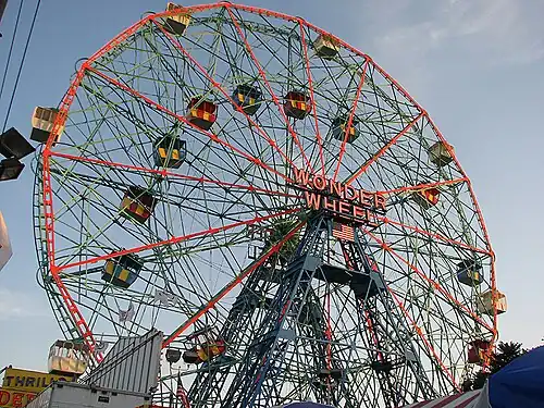 Wonder Wheel, a 45.7-metre (150&nbsp;ft) tall eccentric wheel at Deno's Wonder Wheel Amusement Park, Coney Island, was built in 1920 by the Eccentric Ferris Wheel Company[181]