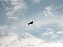 A small figure holds a balancing pole while lying on a high-wire