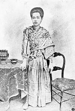 Princess Voralaksanavadi, a daughter of King Chulalongkorn (Rama V) wearing pha nung and pha biang, 1926