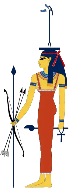 Image of Wosret with a spear, harpoon, bow and arrows and a Was-sceptre on her head.