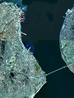 A satellite view of The Narrows with Staten Island (on the west / left) and Brooklyn / Long Island (on the east / right) connected by the prominent landmark Verrazzano–Narrows Bridge