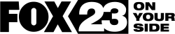The Fox network logo next to a rectangle with pointed left end containing a numeral 23, matching the numeral 13 in the WGME logo, with the words "On Your Side" printed on three lines to the right