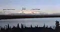 Mount Wrangell and Mount Zanetti from Willow Lake at 1600 ft (500m). Although Mount Wrangell rises over 12,000 ft (3700 m) above this viewpoint, its great height is masked by the extreme width of its shield-like form.