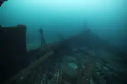View looking forward of the bow of a shipwreck