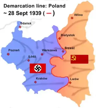 Map showing the division of Poland in 1939, with a demarcation line separating German and Soviet zones.