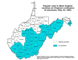 Image 8Counties (in blue) approving Virginia's secession from the U.S. in order to join the Confederacy. (from History of West Virginia)