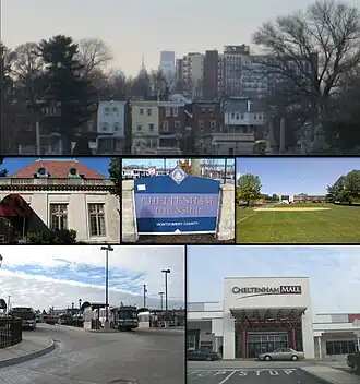 From top L-R, Center City Philadelphia skyline from Cheltenham Avenue, Curtis Hall, Cheltenham Township welcome sign, Cheltenham High School, SEPTA City buses waiting at the Cheltenham & Ogontz Loop, Cheltenham Mall