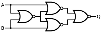 Circuit diagram: NOR(NOR(A, NOR(A, B)), NOR(NOR(A, B), B))