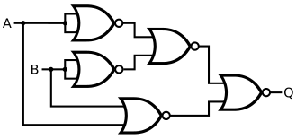 Circuit diagram: NOR(NOR(NOR(A, A), NOR(B, B)), NOR(A, B))