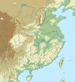 Relief map of eastern China with a north-south oval marking an area in western Hebei and northern Henan