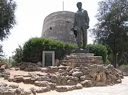Memorial to Mordechai Anielewicz next to the destroyed water tower at Yad Mordechai