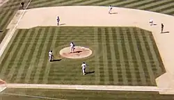 Yankees' fielders huddling on the pitcher's mound during an August 2001 away game