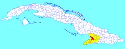 Yara municipality (red) within Granma Province (yellow) and Cuba