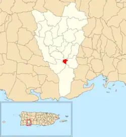 Location of Yauco barrio-pueblo within the municipality of Yauco shown in red