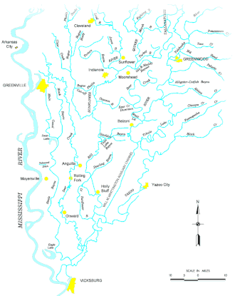 Yazoo River flows from Greenwood to Vicksburg. Not all tributaries are shown.