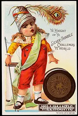 Ye Knight of ye silver thimble challenges ye world, the best thread for sewing machines, ca. 1870-1900; from the 19th Century American Trade Cards collection of the Boston Public Library