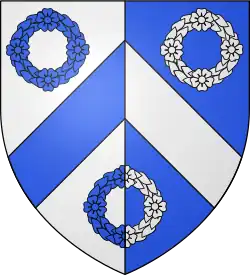Arms of Baron Alvingham Per pale argent and azure, on a chevron between three chaplets of roses counterchanged