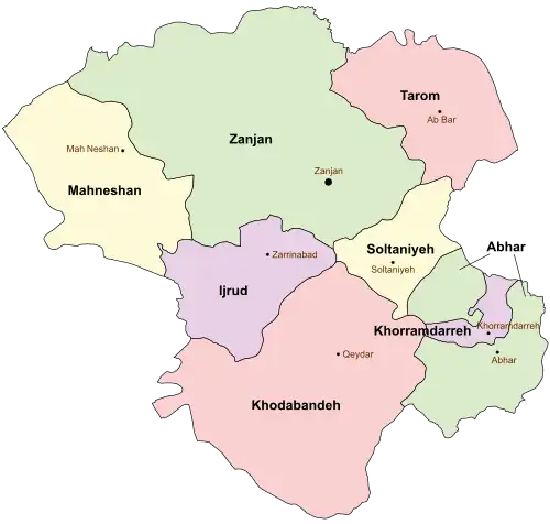 Location of Tarom County in Zanjan province (top, pink)