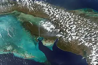 View from the air of coastline, sea and vegetation-covered land