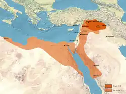 The Zengid state under Imad al-Din in 1145, and expansion under Nur al-Din in 1174 CE.[1][2]