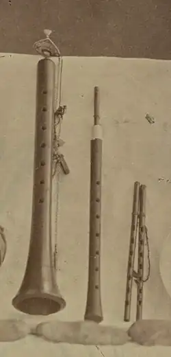 Example of an idioglotic reed pipe with a wooden body (center instrument), Central Asia, circa 1869. From the left: zurna, bülban and dozaleh.