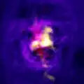 Composite image of Chandra (blue), ALMA (yellow) and MUSE (red) data showing the fountain-like flow of gas.[6]