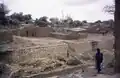 Low square loam stone houses with trees on the bank of the river with sacred fish, Bobo-Dioulasso, 2001
