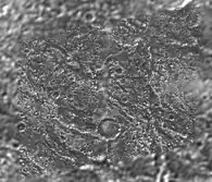 A high resolution image Galileo Regio, clearly showing its ancient terrain composed of old furrows in various stage of degradation. This image was created by overlaying images taken by the Galileo spacecraft in September 1997 onto images taken by Voyager 2 in July 1979.[20]