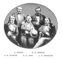 Photograph from a 1903 publication of Jonas Widén (member no 1), Erik Gustaf Schram (no 3), Carl Rupert Nyblom (no 22), Oscar Arpi (no 11), and Johan Gottfrid Wibelius (no 2)