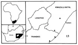 A map of the eastern area of the Eastern Cape province, the southwestern area of the KwaZulu-Natal province, and Lesotho with squares and triangles showing the distribution of each species.