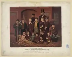 Historical illustration showing children outdoors in front of a building