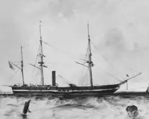 A grainy, black and white image depicting the side of Mississippi or Missouri. She has three masts, a short hull, and a large paddle wheel situated amidship.