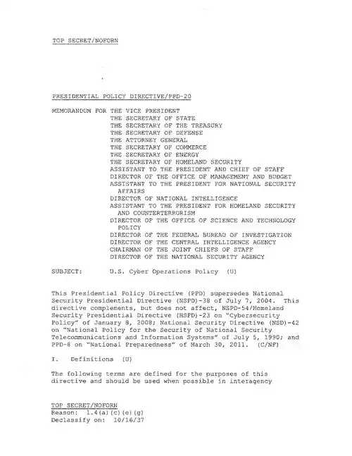 Presidential Policy Directive – PPD 20 Signed By Barack Obama Relating to Cyberwarfare