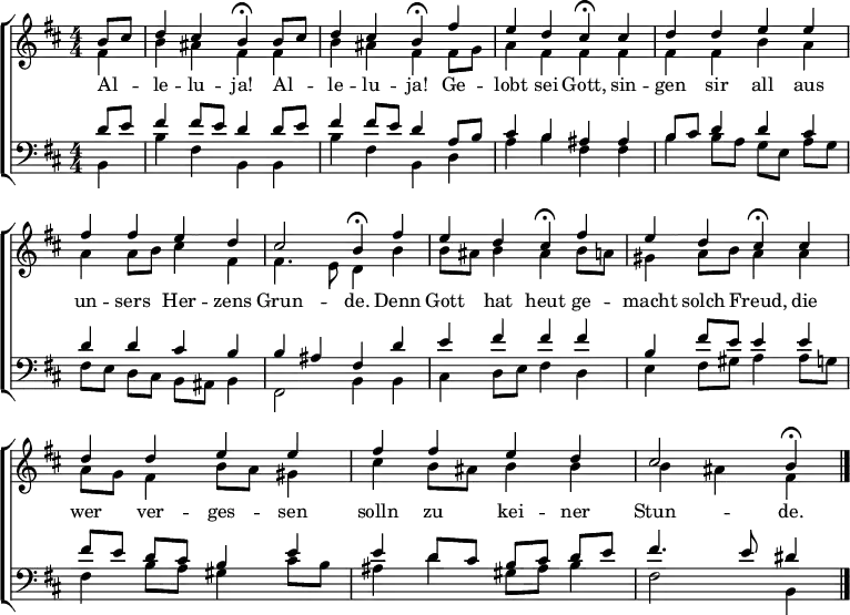 
\header { tagline = " " }
\layout { indent = 0 \context { \Score \remove "Bar_number_engraver" } }
global = { \transposition b \key b \minor \numericTimeSignature \time 4/4 \set Score.tempoHideNote = ##t \set Timing.beamExceptions = #'() }
\score {
  \new ChoirStaff <<
    \new Staff
    <<
      \new Voice = "soprano" { \voiceOne
        \relative c'' { \global
          \partial 4 b8 cis |
          d4 cis b\fermata b8 cis | d4 cis b\fermata fis' |
          e d cis\fermata cis | d d e e |
          fis fis e d | cis2 b4\fermata fis' |
          e d cis\fermata fis | e d cis\fermata cis |
          d d e e | fis fis e d |
          cis2 b4\fermata \bar "|."
        }
      }
      \new Voice = "alto" { \voiceTwo
        \relative c' { \global
          \partial 4 fis4 |
          b ais fis fis | b ais fis fis8 g |
          a4 fis fis fis | fis fis b a |
          a a8 b cis4 fis, | fis4. e8 d4 b' |
          b8 ais b4 ais b8 a | gis4 a8 b a4 a |
          a8 g fis4 b8 a gis4 | cis b8 ais b4 b |
          b ais fis
        }
      }
    >>
    \new Lyrics \lyricsto "soprano" {
      Al -- _ le -- lu -- ja! Al -- _ le -- lu -- ja!
      Ge -- lobt sei Gott, sin -- gen sir all
      aus un -- sers Her -- zens Grun -- de.
      Denn Gott hat heut ge -- macht solch Freud,
      die wer ver -- ges -- sen solln zu kei -- ner Stun -- de.
    }
    \new Staff
    <<
      \clef bass
      \new Voice = "tenor" { \voiceOne
        \relative c' { \global
          \partial 4 d8 e |
          fis4 fis8 e d4 d8 e | fis4 fis8 e d4 a8 b |
          cis4 b ais ais | b8 cis d4 d cis |
          d d cis b | b ais fis d' |
          e fis fis fis | b, fis'8 e e4 e |
          fis8 e d cis b4 e | e d8 cis b cis d e |
          fis4. e8 dis4
        }
      }
      \new Voice = "bass" { \voiceTwo
        \relative c { \global
          \partial 4 b4 |
          b' fis b, b | b' fis b, d |
          a' b fis fis | b b8 a g e a g |
          fis e d cis b ais b4 | fis2 b4 b |
          cis d8 e fis4 d | e fis8 gis a4 a8 g |
          fis4 b8 a gis4 cis8 b | ais4 d gis,8 ais b4 |
          fis2 b,4
        }
      }
    >>
  >>
  \layout { }
}
\score {
  \new ChoirStaff <<
    \new Staff \with { midiInstrument = "choir aahs" }
    <<
      \new Voice = "soprano" { \voiceOne
        \relative c'' { \global
          \tempo 4=84
          \partial 4 b8 cis |
          d4 \tempo 4=76 cis \tempo 4=68 b8 r \tempo 4=76 b cis | \tempo 4=84 d4 \tempo 4=76 cis \tempo 4=68 b8 r \tempo 4=76 fis'4 |
          \tempo 4=84 e \tempo 4=76 d \tempo 4=68 cis8 r \tempo 4=76 cis4 | \tempo 4=84 d d e e |
          fis fis \tempo 4=76 e d | \tempo 4=68 cis2 \tempo 4=60 b8 r \tempo 4=84 fis'4 |
          e \tempo 4=76 d \tempo 4=68 cis8 r \tempo 4=76 fis4 | \tempo 4=84 e \tempo 4=76 d \tempo 4=68 cis8 r \tempo 4=76 cis4 |
          \tempo 4=84 d d e e | fis fis \tempo 4=76 e \tempo 4=68 d |
          \tempo 4=44 cis2 \tempo 4=28 b4 r
        }
      }
      \new Voice = "alto" { \voiceTwo
        \relative c' { \global
          \partial 4 fis4 |
          b ais fis8 r fis4 | b ais fis8 r fis g |
          a4 fis fis8 r fis4 | fis fis b a |
          a a8 b cis4 fis, | fis4. e8 d r b'4 |
          b8 ais b4 ais8 r b a | gis4 a8 b a8 r a4 |
          a8 g fis4 b8 a gis4 | cis b8 ais b4 b |
          b \tempo 4=36 ais fis r
        }
      }
    >>
    \new Staff \with { midiInstrument = "choir aahs" }
    <<
      \clef bass
      \new Voice = "tenor" { \voiceOne
        \relative c' { \global
          \partial 4 d8 e |
          fis4 fis8 e d r d e | fis4 fis8 e d r a b |
          cis4 b ais8 r ais4 | b8 cis d4 d cis |
          d d cis b | b ais fis8 r d'4 |
          e fis fis8 r fis4 | b, fis'8 e e r e4 |
          fis8 e d cis b4 e | e d8 cis b cis d e |
          fis4. e8 dis4 r
        }
      }
      \new Voice = "bass" { \voiceTwo
        \relative c { \global
          \partial 4 b4 |
          b' fis b,8 r b4 | b' fis b,8 r d4 |
          a' b fis8 r fis4 | b b8 a g e a g |
          fis e d cis b ais b4 | fis2 b8 r b4 |
          cis d8 e fis r d4 | e fis8 gis a r a g |
          fis4 b8 a gis4 cis8 b | ais4 d gis,8 ais b4 |
          fis2 b,4 r
        }
      }
    >>
  >>
  \midi { }
}
