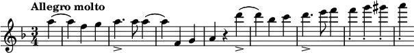 \new Staff <<
\set Staff.midiInstrument = #"violin"
\relative c''{
\clef treble
\key d \minor
\time 3/4
\tempo "Allegro molto" \tempo 2. = 80
\partial 4 a'4( 4) f g a4._> 8 a4( 4) f, g a r d'4_>( 4) bes c d4._> e8 f4 4_. g_. gis_. a_.
}
>>