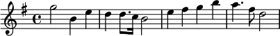 \header{ title = "Pyongyang FM" }

% https://www.intervalsignals.net/sounds/kre-pyongyangfm_160811.mp3
\relative{\key g \major g''2 b,4 e d4 8. c16 b2 e4 fis g b a4. fis8 d2}
\midi{\tempo 4=55 \set Staff.midiInstrument = "electric piano 1"}
