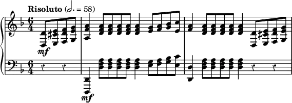 \new PianoStaff <<
\new Staff { \key d \minor \time 6/4 \tempo "Risoluto" 2. = 58
\partial 2 <d d'>8\mf <e cis' e'> <f d' f'> <g e' g'>
<a f' a'>4 \repeat unfold 4 { <d' f' a'>8 } <d' f' a'>4
<e' g'>8 <f' a'> <g' bes'> <e' c''>
<f' a'>4 \repeat unfold 4 { <d' f' a'>8 } <d' f' a'>4
<d d'>8 <e cis' e'> <f d' f'> <g e' g'>
}
\new Staff { \key d \minor \clef bass \override Staff.Rest.style = #'classical
r4 r <d,, d,>\mf \repeat unfold 4 { <d f a>8 } <d f a>4
<e g>8 <f a> <g bes> <e c'>
<d, d>4 \repeat unfold 4 { <d f a>8 } <d f a>4 r r
}
>>