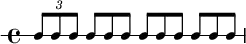  {
\new RhythmicStaff {
   \clef percussion
   \time 4/4
   \set Score.tempoHideNote = ##t \tempo 4 = 100
   \tuplet 3/2 { c8 c c } 
   \once \override TupletNumber.text = "" \tuplet 3/2 { c8 c c }
   \once \override TupletNumber.text = "" \tuplet 3/2 { c8 c c }
   \once \override TupletNumber.text = "" \tuplet 3/2 { c8 c c }
} }
