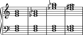 \new PianoStaff <<
  \omit Score.TimeSignature
  \new Staff { <e' g' b'>1 <es' g' bes'> <es'' g'' bes''> <d'' fis'' a''> }
  \new Staff { \clef bass <d f a>1 <d f a> <d f a> <d f! a> }
>>