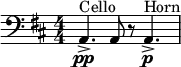 \relative c { \clef bass \key d \major \numericTimeSignature \time 4/4 \set Staff.midiInstrument = #"cello" a4.->\pp^"Cello" a8 r \set Staff.midiInstrument = #"french horn" a4.\p->^"Horn" } \midi{\tempo 4 = 88}