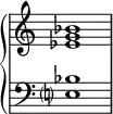 
\new PianoStaff <<
  \omit Score.TimeSignature
  \new Staff { <ees' g' bes'>1 }
  \new Staff { \clef bass <e? bes>1 }
>>
