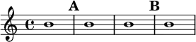 \relative c'' {
\set Score.markFormatter = #format-mark-box-numbers
b1 \mark \default
b1
b1 \mark \default
b1
}
