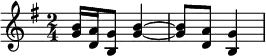 \header{ title = "Nordische Rundfunk" }

% https://rias1.de/audiokennung.htm#:~:text=NORAG
\relative{
  \set Staff.midiInstrument = "orchestral harp"
  \key g \major \time 2/4
  <b' g>16 <a d,>16 <g b,>8 <b g>4~ 8 <a d,>8 <g b,>4
}
\midi {\tempo 4 = 69}
