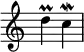 {
\override Score.TimeSignature
#'stencil = ##f
\relative c'' {
\time 2/4
d\prall c\mordent
}
}